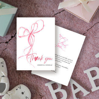 Cartão De Agradecimento Modern Pink Bow Baby Shower Ribbon Heart