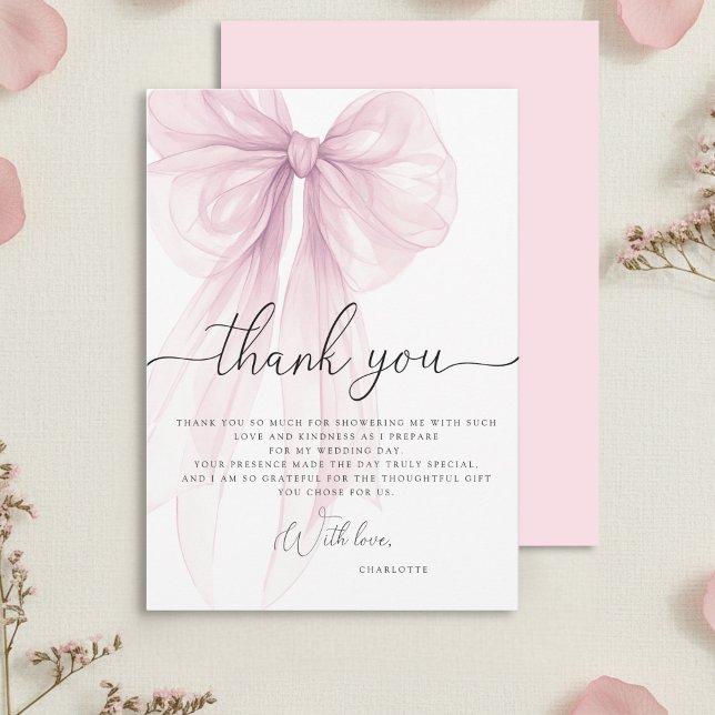 Cartão De Agradecimento Modern Pink Watercolor Bow Bridal Shower (Criador carregado)