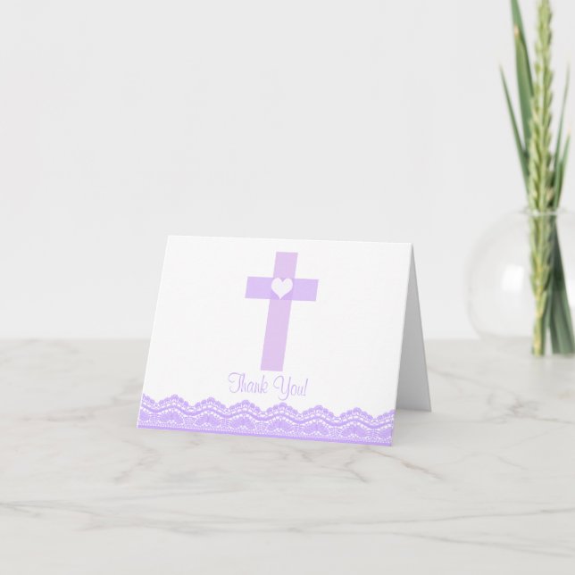 Cartão De Agradecimento Modern Purple Lace Cross Religious Thank You Note (Frente)