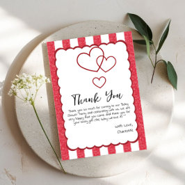 Cartão De Agradecimento Modern Red Chalk Stripes Triple Hearts Baby Shower