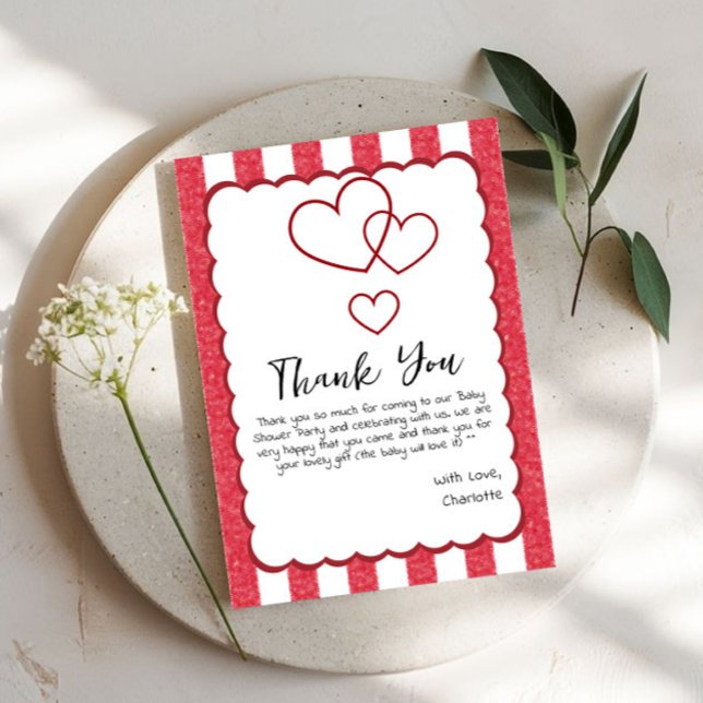 Cartão De Agradecimento Modern Red Chalk Stripes Triple Hearts Baby Shower (Criador carregado)