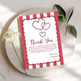 Cartão De Agradecimento Modern Red Chalk Stripes Triple Hearts Baby Shower