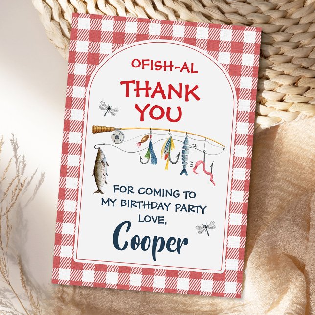 Cartão De Agradecimento Modern Red Ofishally One 1st Birthday  (Fishing Birthday Thank You Card, Ofishally One Birthday Thank you Card, Red Gingham Fishing Card
)