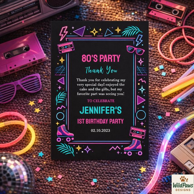 Cartão De Agradecimento Modern Retro Neon 80’s 1st Birthday Party (Modern Retro Neon 80’s 1st Birthday Party Thank You Card)