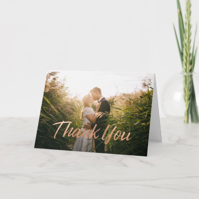 Cartão De Agradecimento Modern Rose Gold Brush Script Wedding Photo (Frente)