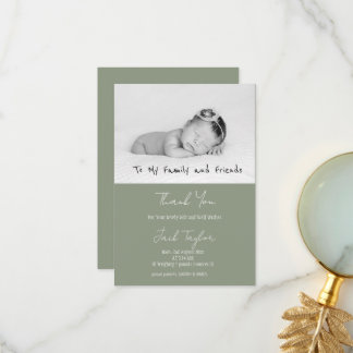 Cartão De Agradecimento Modern Sage Green Photo Handwriting Baby Birth  