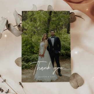 Cartão De Agradecimento Modern Script Lettering Wedding Photo