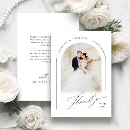 Cartão De Agradecimento Modern Script Minimalist Photo Arch Wedding