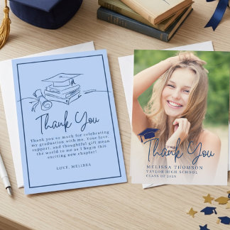 Cartão De Agradecimento Modern Script Navy Blue Graduation Photo