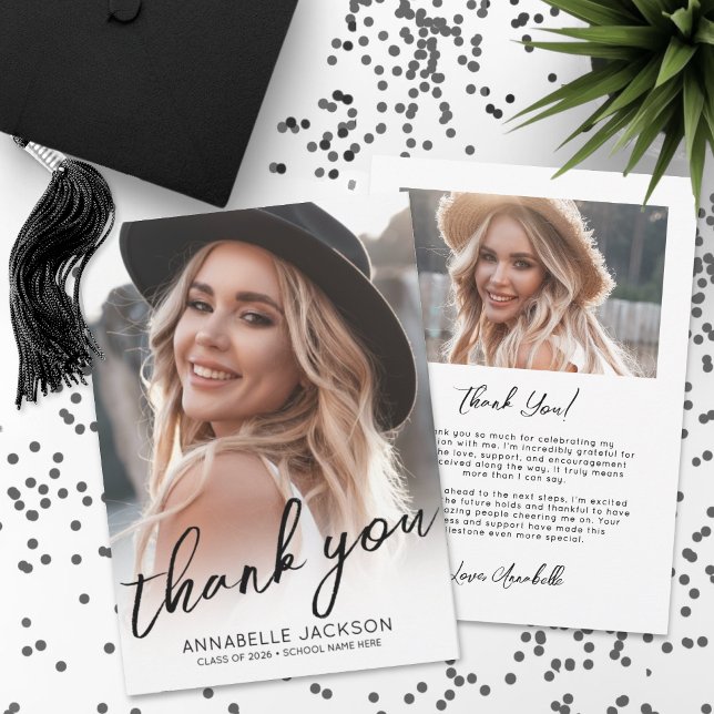 Cartão De Agradecimento Modern Script Photo Graduation (Modern Script Photo Graduation Thank You Card)