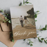 Cartão De Agradecimento Modern Script Photo Wedding<br><div class="desc">This wedding thank you card design features a modern calligraphy script font, your photo of choice on the front and your personal message on the back. The color of "Thank you" can be changed to fit your personal image. For more customization click the "Customize It" button and change the font...</div>