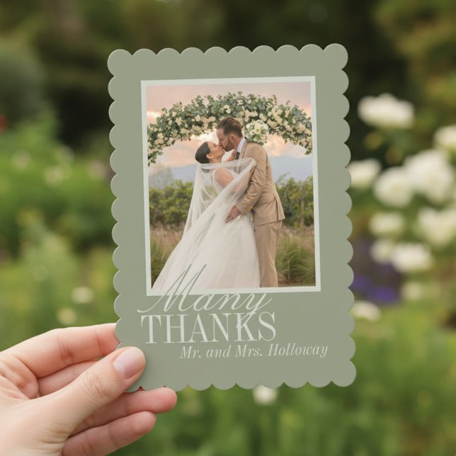 Cartão De Agradecimento Modern Script Sage Green Wedding Photo (Thank guests for celebrating your big day with this Modern Script Sage Green Photo Thank You Card!)