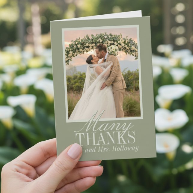 Cartão De Agradecimento Modern Script Sage Green Wedding Photo (Thank guests for celebrating your big day with this Modern Script Sage Green Thank You Card!)