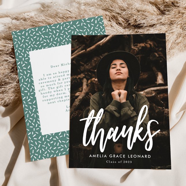 Cartão De Agradecimento Modern Script Teal Green Photo Graduation (Criador carregado)