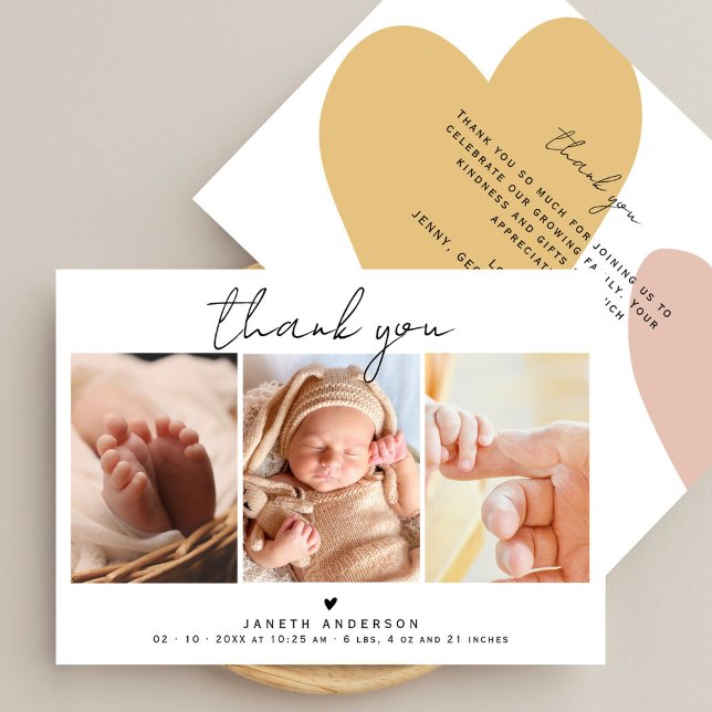 Cartão De Agradecimento Modern Script Thank You 3 Photos Baby Shower  (Criador carregado)