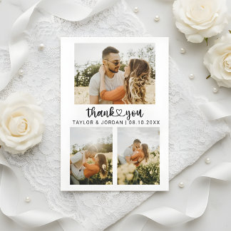 Cartão De Agradecimento Modern Three Photo Collage Heart Script Wedding 