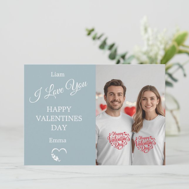 Cartão De Agradecimento Modern Valentine’s Day Photo Card  Light Blue Gray (Em pé/Frente)