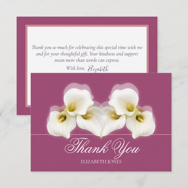 Cartão De Agradecimento Modern White Calla Lilies Bridal Shower Thank You (Frente/Verso)