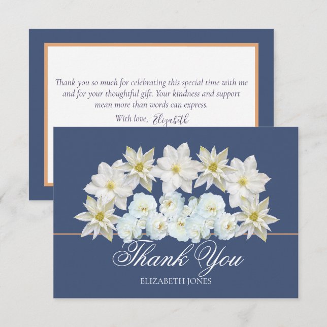Cartão De Agradecimento Modern White Clematis Rose Bridal Shower Thank You (Frente/Verso)