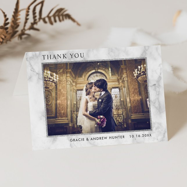 Cartão De Agradecimento Modern White Marble Silver Glitter Thank You Card (Criador carregado)