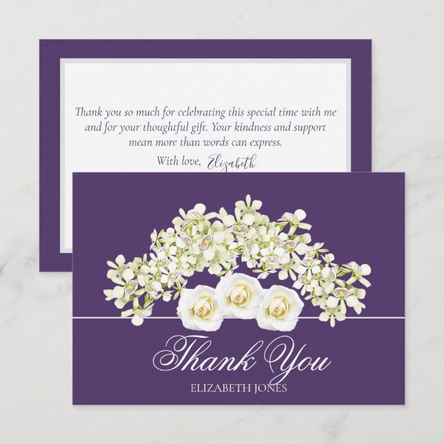 Cartão De Agradecimento Modern White Roses Bridal Shower Thank You Card (Frente/Verso)