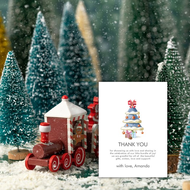Cartão De Agradecimento Modern Winter Bow Christmas Tree Baby Shower  (Modern Winter Bow Christmas Tree Baby Shower Thank You Card)