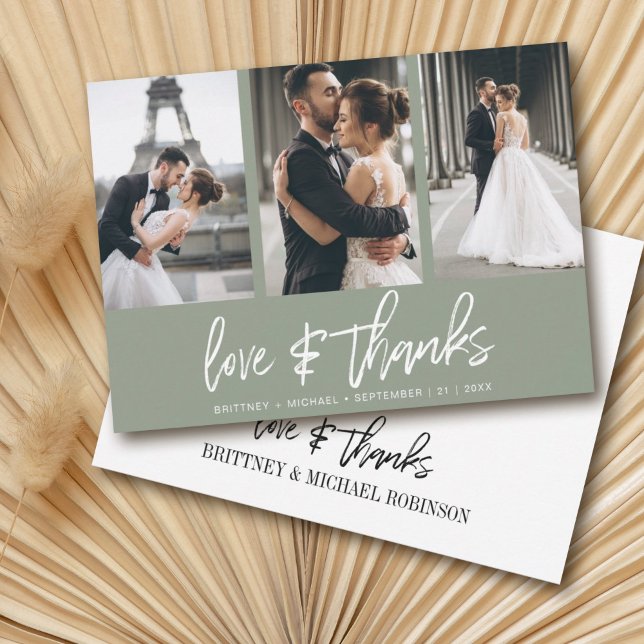 Cartão De Agradecimento Moderna Colagem de Fotos com Letra Mão Verde (Show your appreciation to your loved ones with an awesome photo thank-you card!)