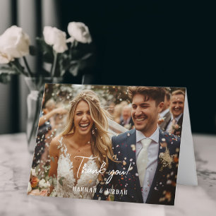 Cartão De Agradecimento Moderno, 1 foto, caligrafia, casamento.