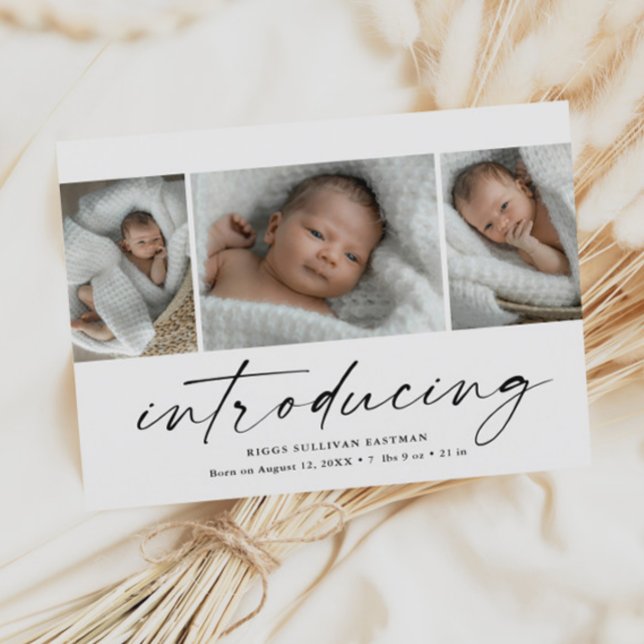 Cartão De Agradecimento Moderno Apresentando Colagem de Fotos para Bebês (Modern script introducing 3 photo collage baby birth announcement thank you card.)