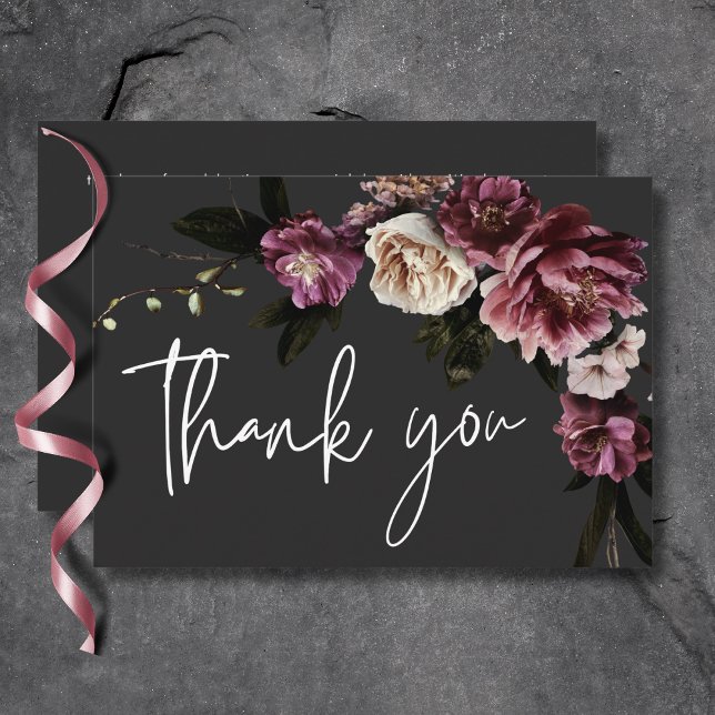 Cartão De Agradecimento Moderno Borgonha e Creme Peonies Floral Preto (Modern Burgundy & Cream Peonies Floral Black Thank You Card)