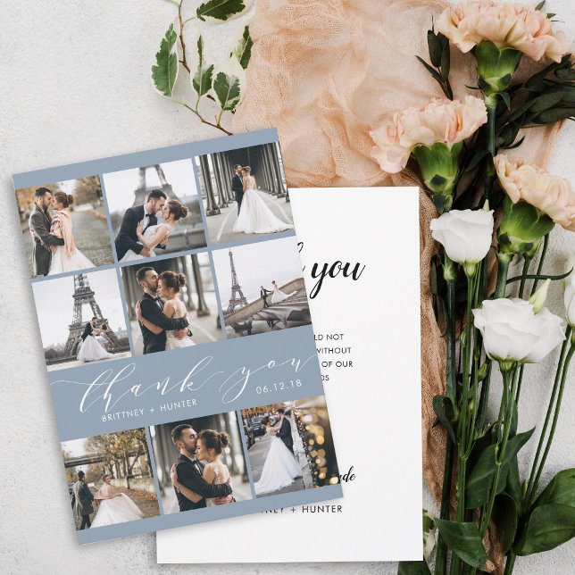 Cartão De Agradecimento Moderno Caligrafia 9 Fotografia Colagem Dusty Blue (Criador carregado)