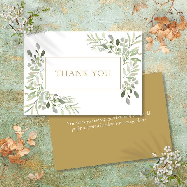 Cartão De Agradecimento Moderno Clássico Elegante Verde Ouro (Modern Classic Elegant Greenery Gold Thank You Card)