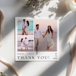 Cartão De Agradecimento Moderno Colagem de 3 Fotos Quadrado de Casamento M
