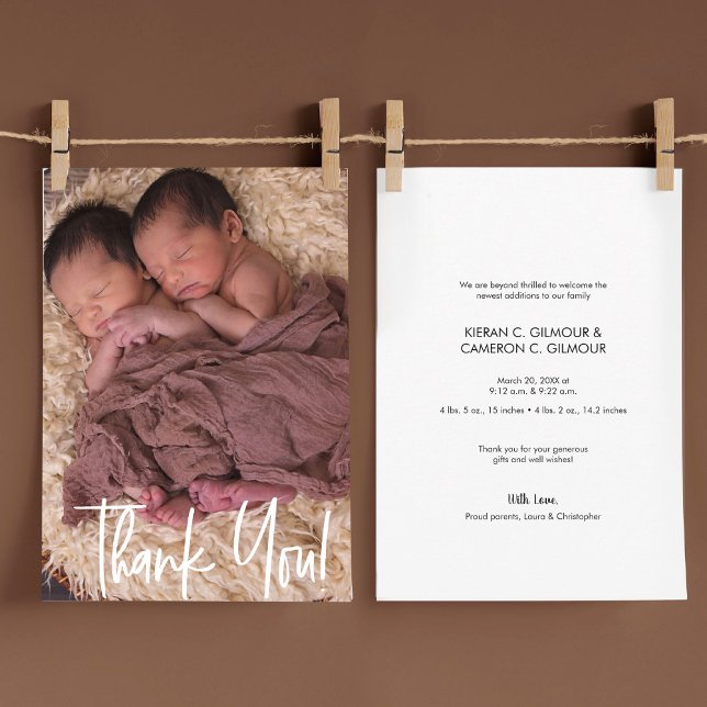 Cartão De Agradecimento Moderno Obrigado Twin Baby Foto Personalizada (modern baby twins photo announcement thank you cards)