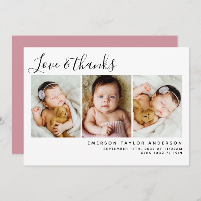 Cartão De Agradecimento Moderno Rosa Três Fotos Novo Bebê (Frente/Verso)