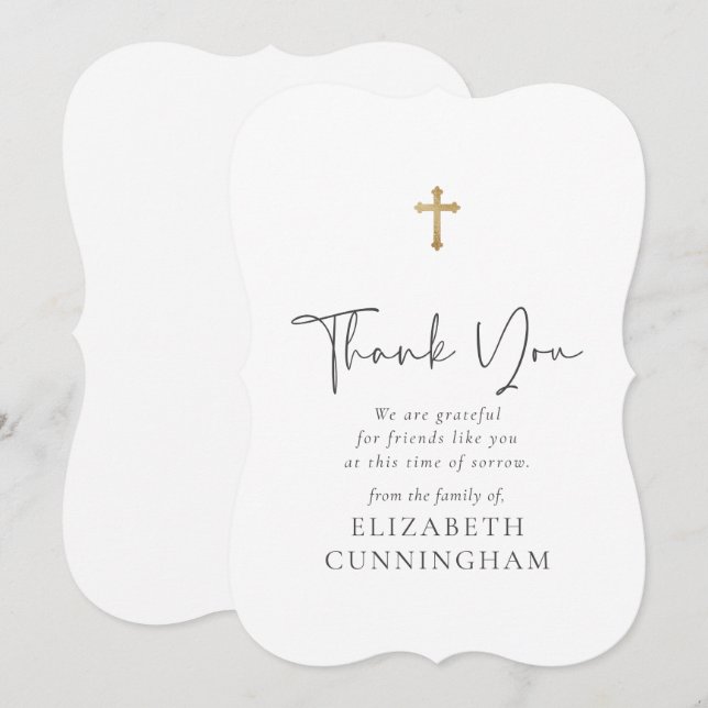 Cartão De Agradecimento Moderno Script Cursivo Faux Dourado Cross Memorial (Frente/Verso)