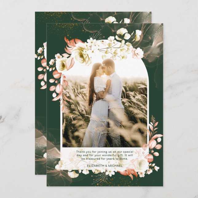 Cartão De Agradecimento Moderno Verde Esmeralda Coral Floral FOTO OBRIGADO (Frente/Verso)