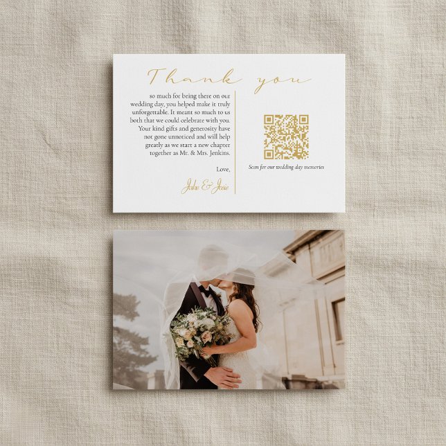 Cartão De Agradecimento Modo fotografia de casamento e memórias Código QR  (Modern wedding photo and memories gold QR code Thank You Card.)