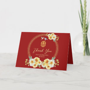 Cartão De Agradecimento Moldura de casamento chinês vermelha floral pássar