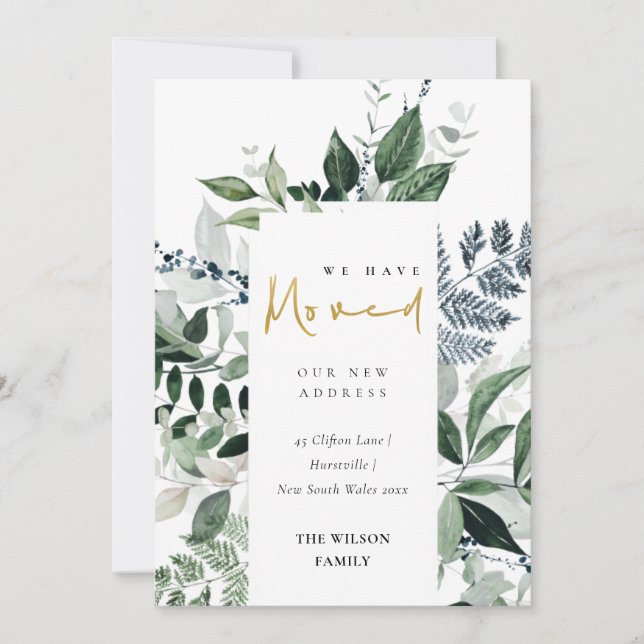 Cartão De Agradecimento Moldura de Vegetação Ouro Verde Nós nos Mudamos Ca (Frente)