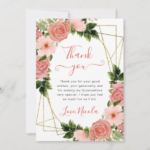 Cartão De Agradecimento Moldura Dourada com Rosas Rosadas em Aquarela Quin