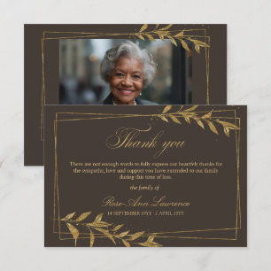 Cartão De Agradecimento Moldura Dourada de Funeral Elegante Folhas Foto