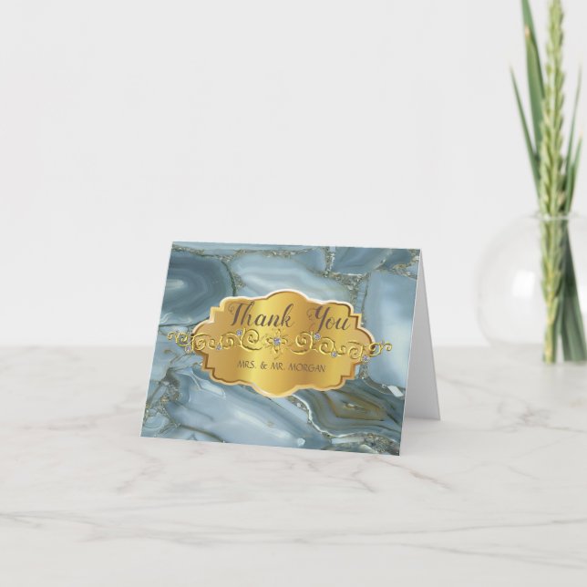 Cartão De Agradecimento Moldura Dourada Elegante, Textura Marble (Frente)