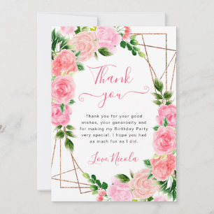 Cartão De Agradecimento Moldura Dourada Rosas Rosa Aquarela Aniversário