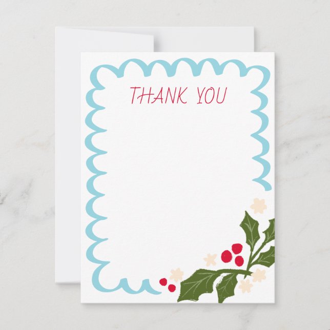 Cartão De Agradecimento Moldura Festiva Azul com Holly (Frente)