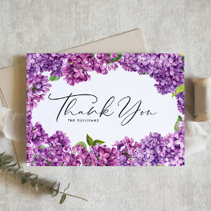 Cartão De Agradecimento Moldura Floral de Lilás em Aquarela Casamento Botâ