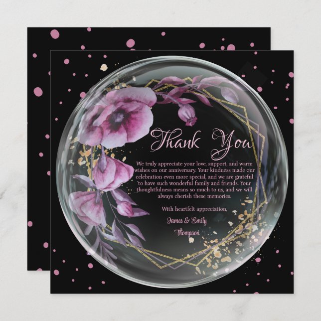 Cartão De Agradecimento Moldura Floral Roxa e Preta Casamento Aniversário (Frente/Verso)