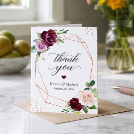Cartão De Agradecimento Moldura Geométrica Moderna Floral Roxo Ameixa Dour
