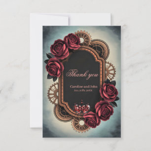 Cartão De Agradecimento Moldura Steampunk com Rosas vermelhas e engrenagen