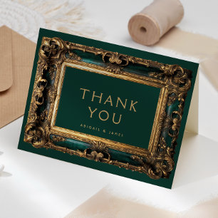 Cartão De Agradecimento Moldura Vintage Esmeralda Verde Dourado Casamento